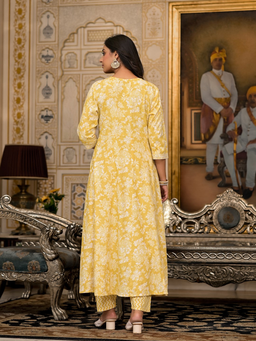 Juniper Women's Yellow Floral Printed Rayon Kurta With Pant And Dupatta With Thread & Sequins Work
