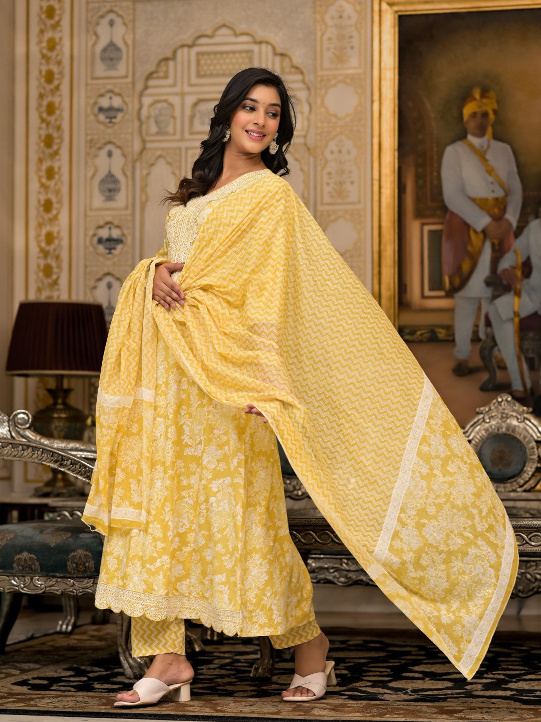 Juniper Women's Yellow Floral Printed Rayon Kurta With Pant And Dupatta With Thread & Sequins Work