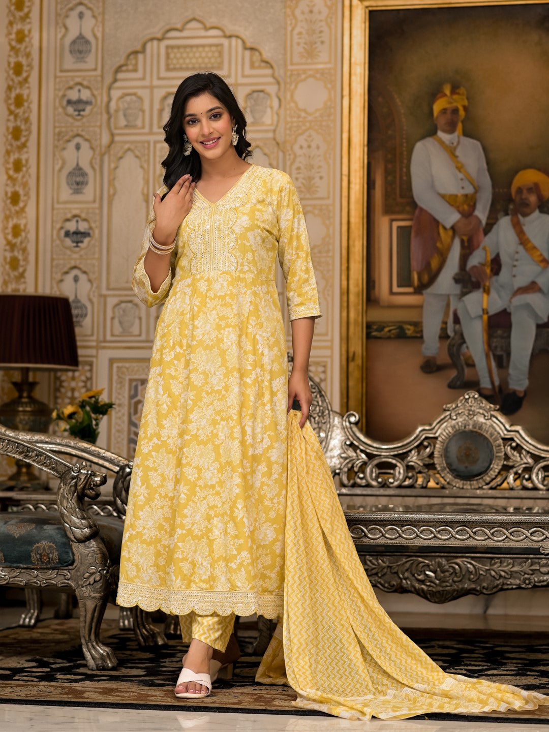 Juniper Women's Yellow Floral Printed Rayon Kurta With Pant And Dupatta With Thread & Sequins Work