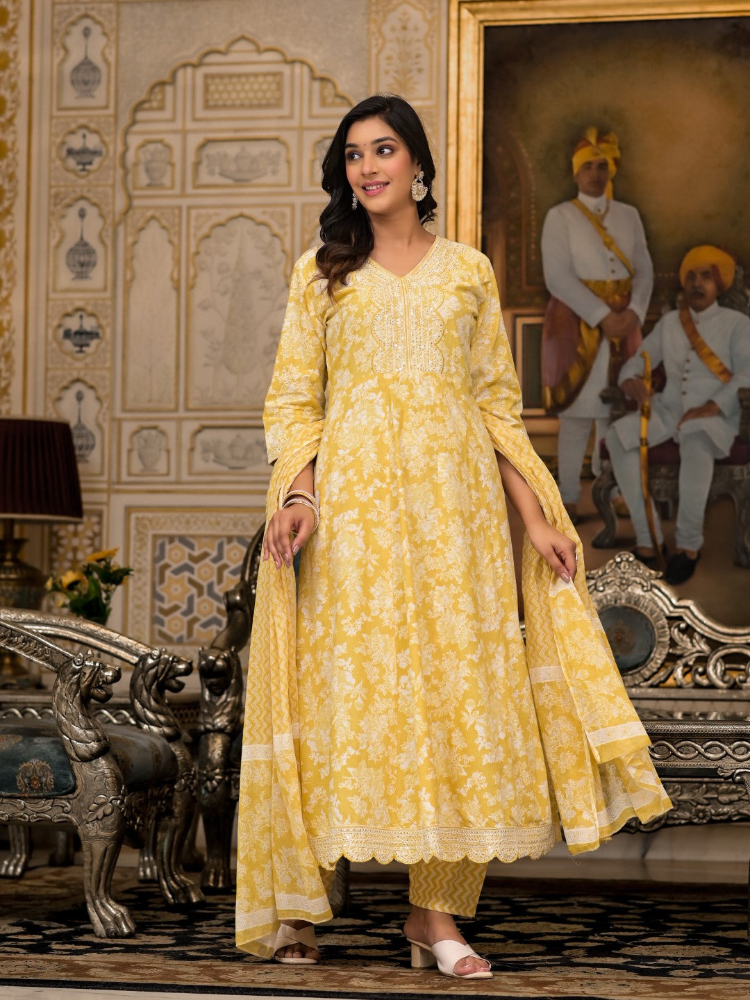 Juniper Women's Yellow Floral Printed Rayon Kurta With Pant And Dupatta With Thread & Sequins Work