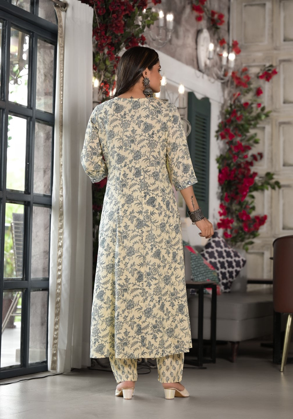 Juniper Women's Grey Floral Printed Rayon Kurta, Pant And Dupatta Set With Mirror & Thread Work