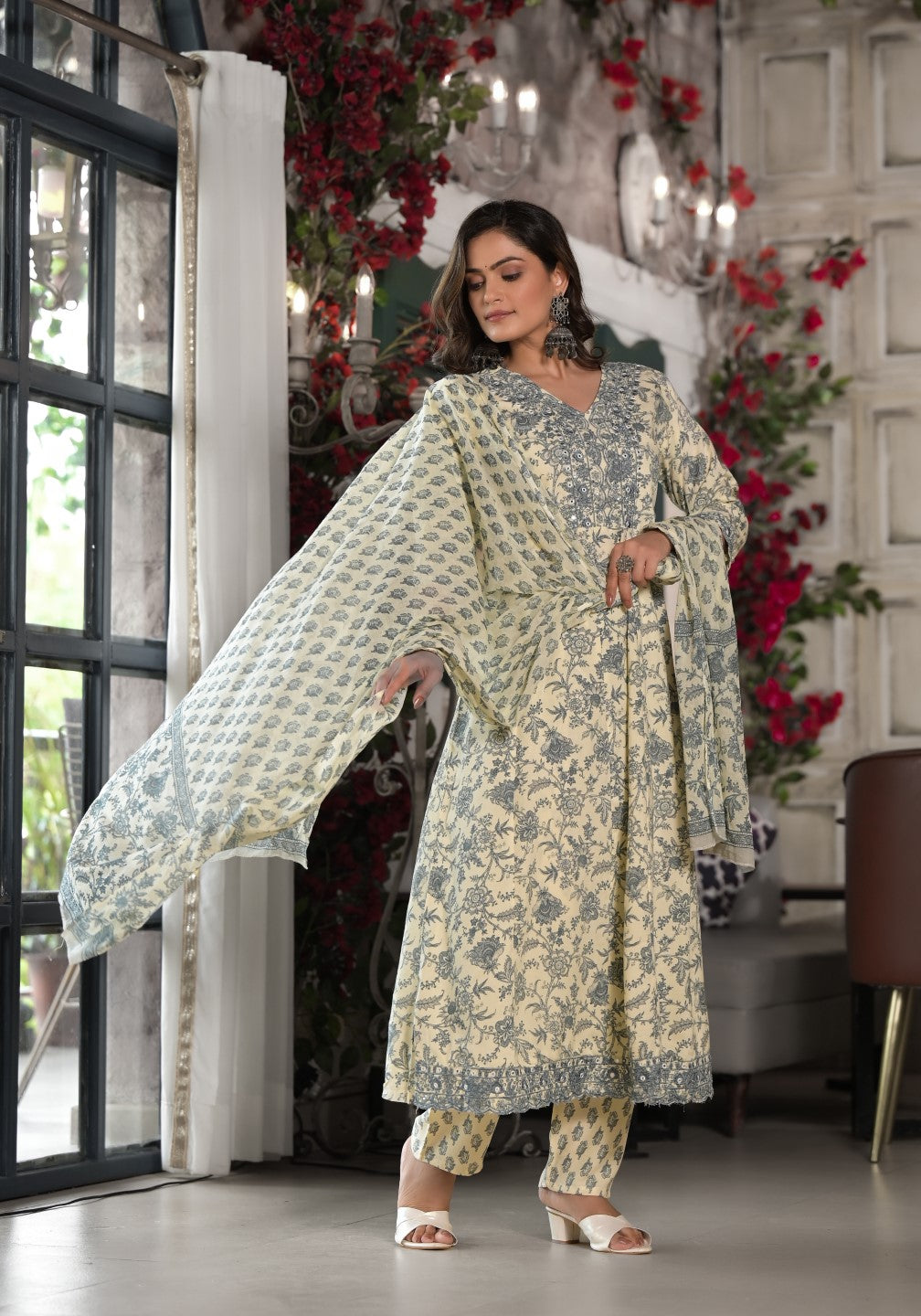 Juniper Women's Grey Floral Printed Rayon Kurta, Pant And Dupatta Set With Mirror & Thread Work