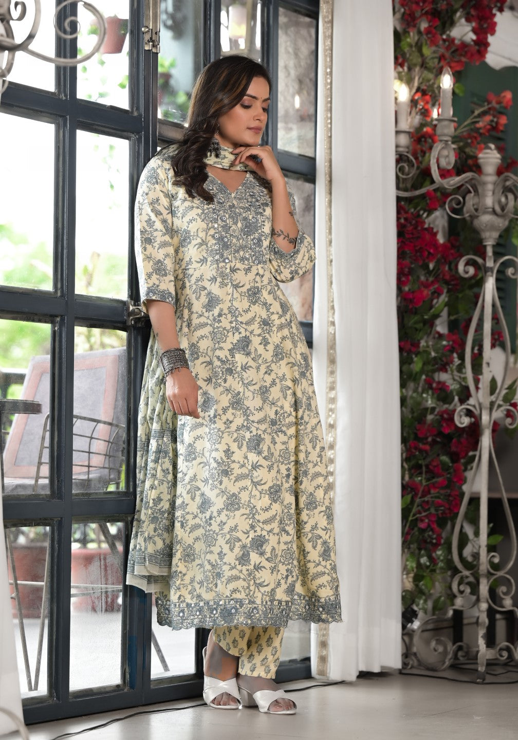 Juniper Women's Grey Floral Printed Rayon Kurta, Pant And Dupatta Set With Mirror & Thread Work