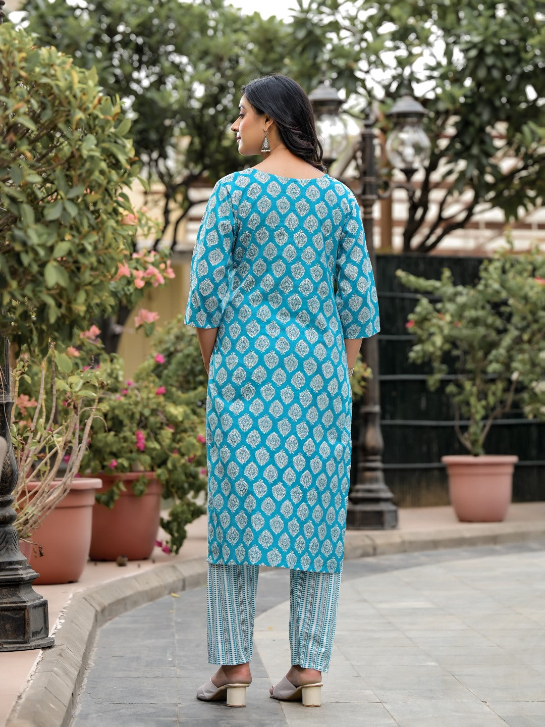 Juniper Women's Blue Ethnic Motif Printed Cotton Kurta, Pant And Dupatta Set With Zari Work