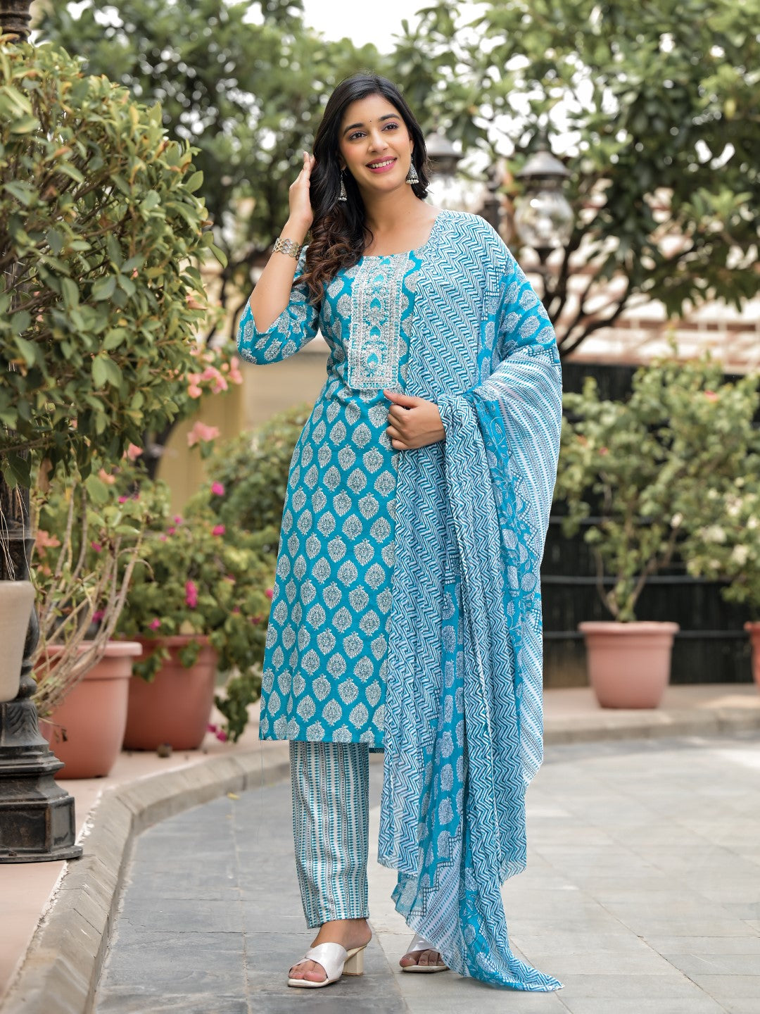 Juniper Women's Blue Ethnic Motif Printed Cotton Kurta, Pant And Dupatta Set With Zari Work