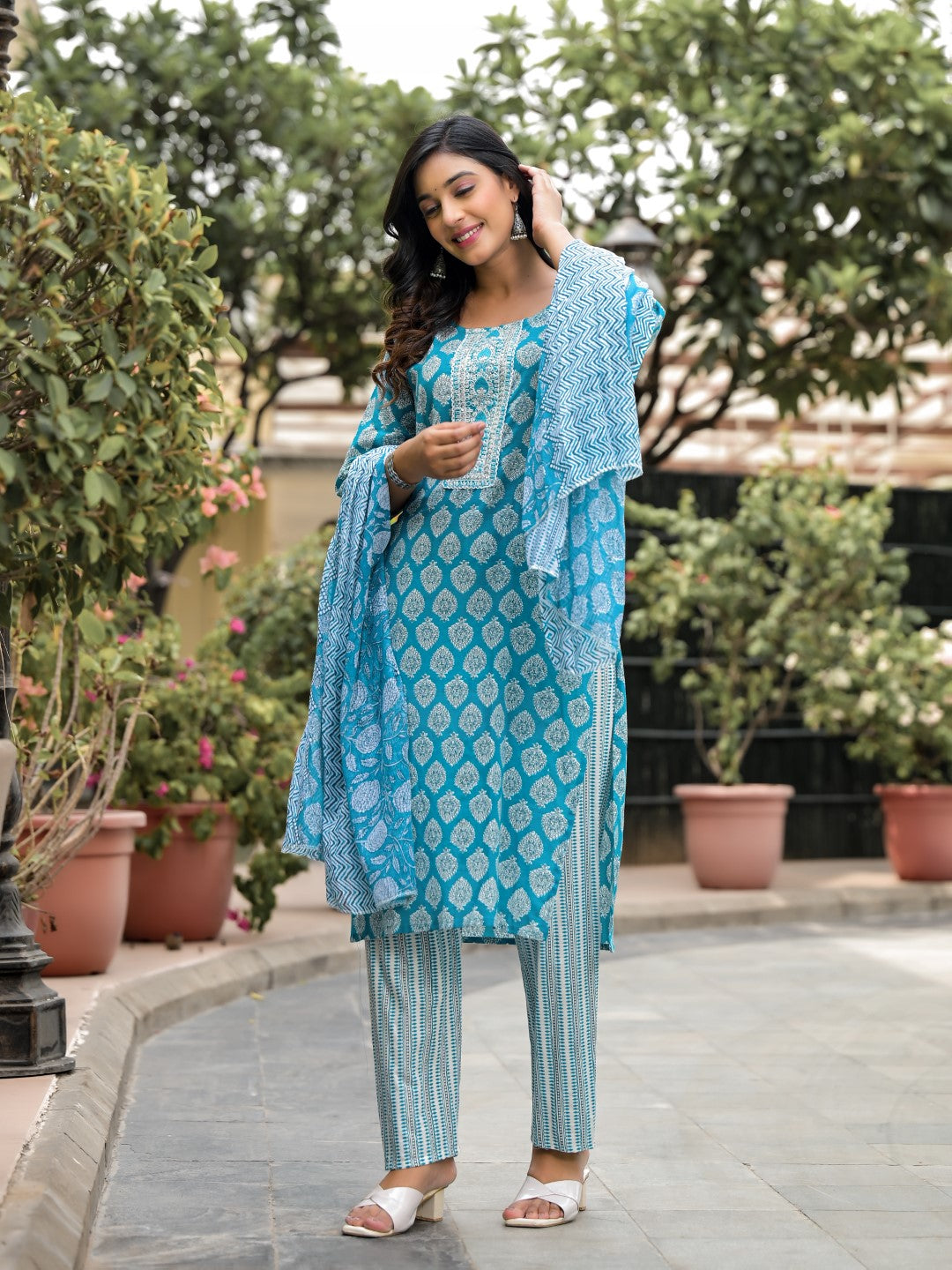 Juniper Women's Blue Ethnic Motif Printed Cotton Kurta, Pant And Dupatta Set With Zari Work