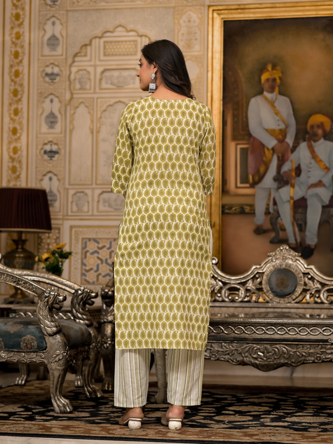 Juniper Women's Green Ethnic Motif Printed Cotton Kurta, Pant And Dupatta Set With Thread & Mirror Work