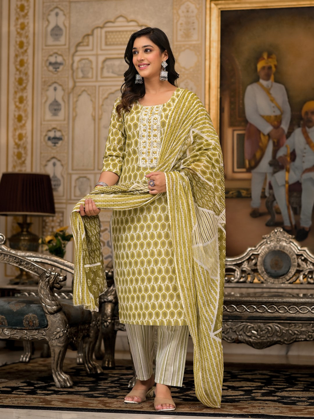 Juniper Women's Green Ethnic Motif Printed Cotton Kurta, Pant And Dupatta Set With Thread & Mirror Work