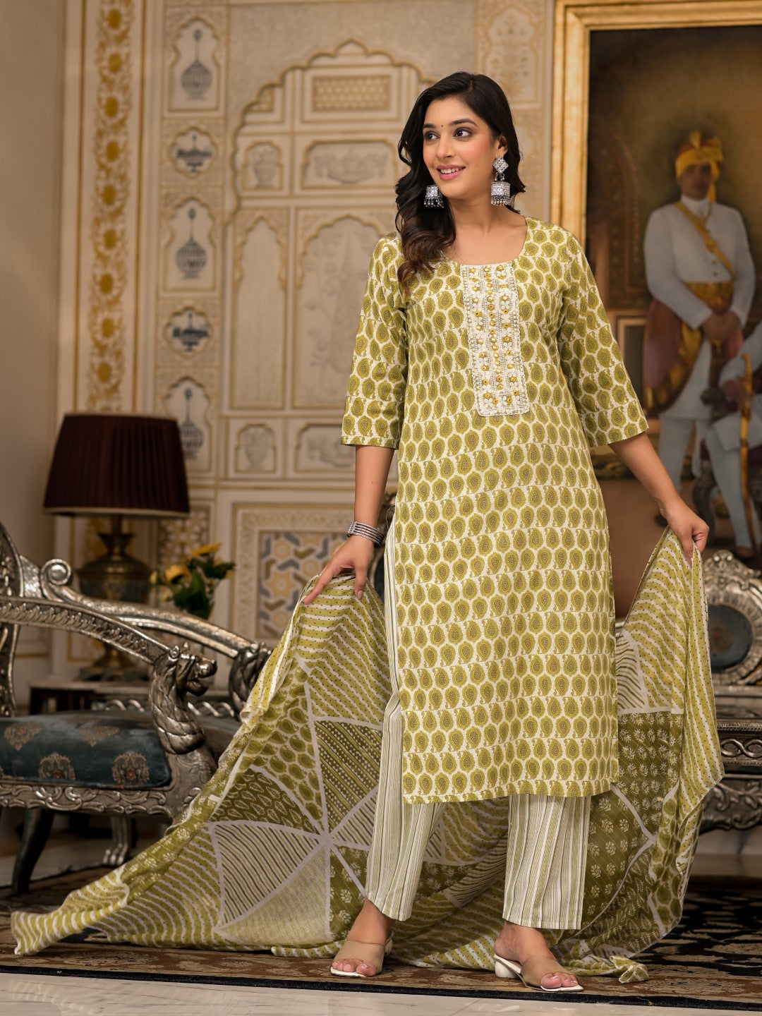 Juniper Women's Green Ethnic Motif Printed Cotton Kurta, Pant And Dupatta Set With Thread & Mirror Work