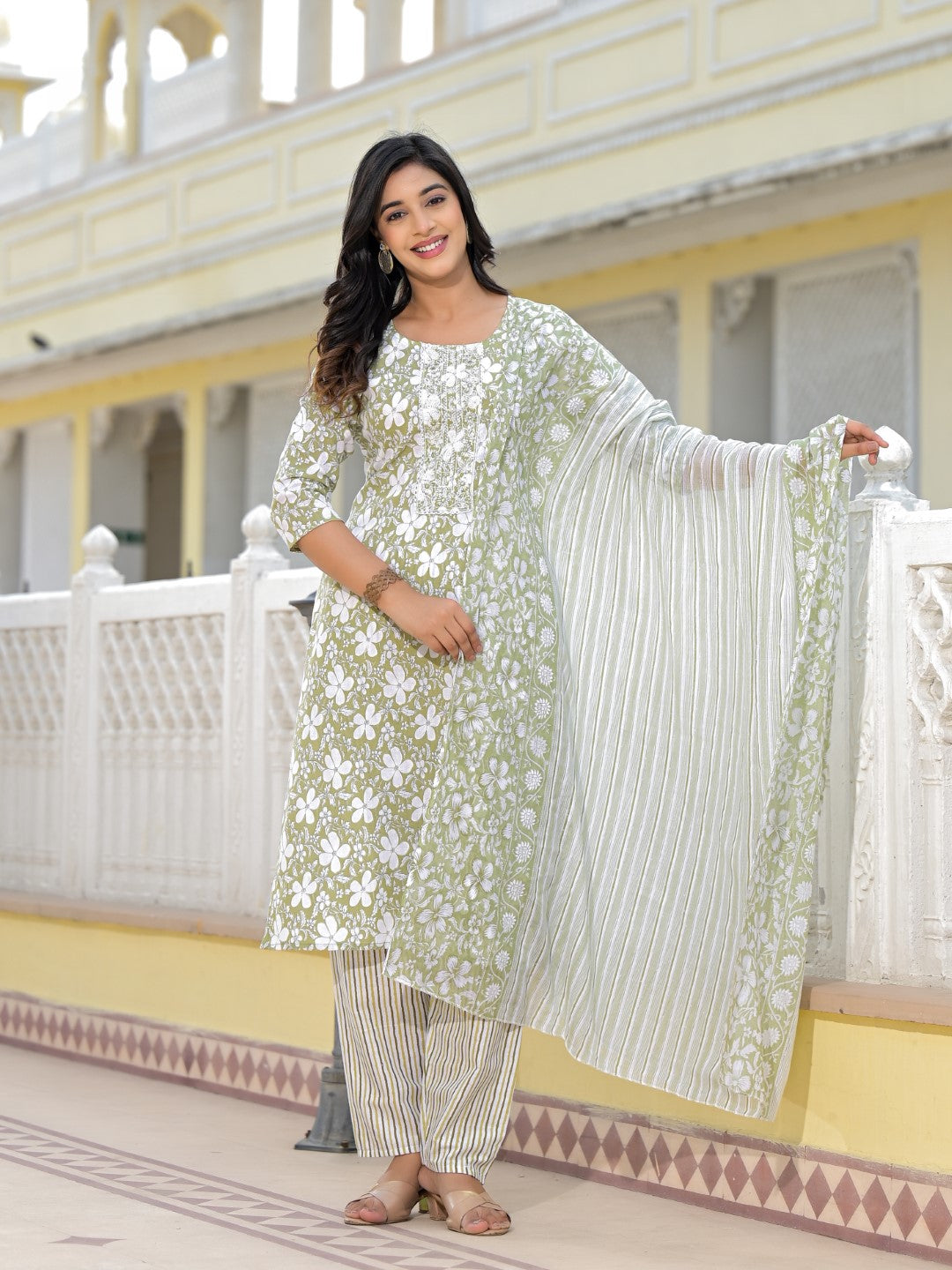 Juniper Women's Green Floral Printed Cotton Kurta, Pant And Dupatta Set With Thread & Mirror Work