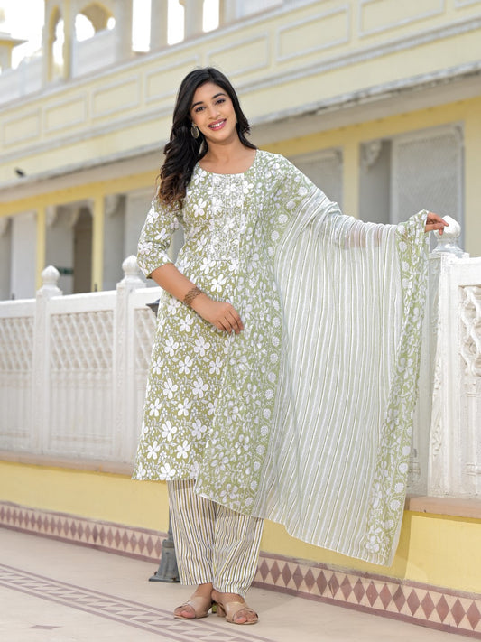 Juniper Women's Green Floral Printed Cotton Kurta, Pant And Dupatta Set With Thread & Mirror Work