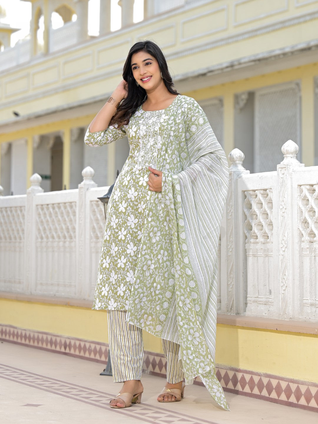 Juniper Women's Green Floral Printed Cotton Kurta, Pant And Dupatta Set With Thread & Mirror Work