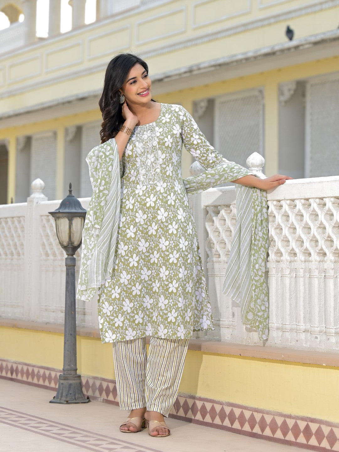 Juniper Women's Green Floral Printed Cotton Kurta, Pant And Dupatta Set With Thread & Mirror Work