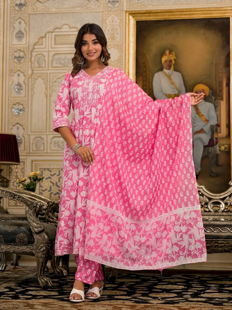 Juniper Women's Pink Floral Printed Liva Rayon Kurta Set With Thread & Mirror Work