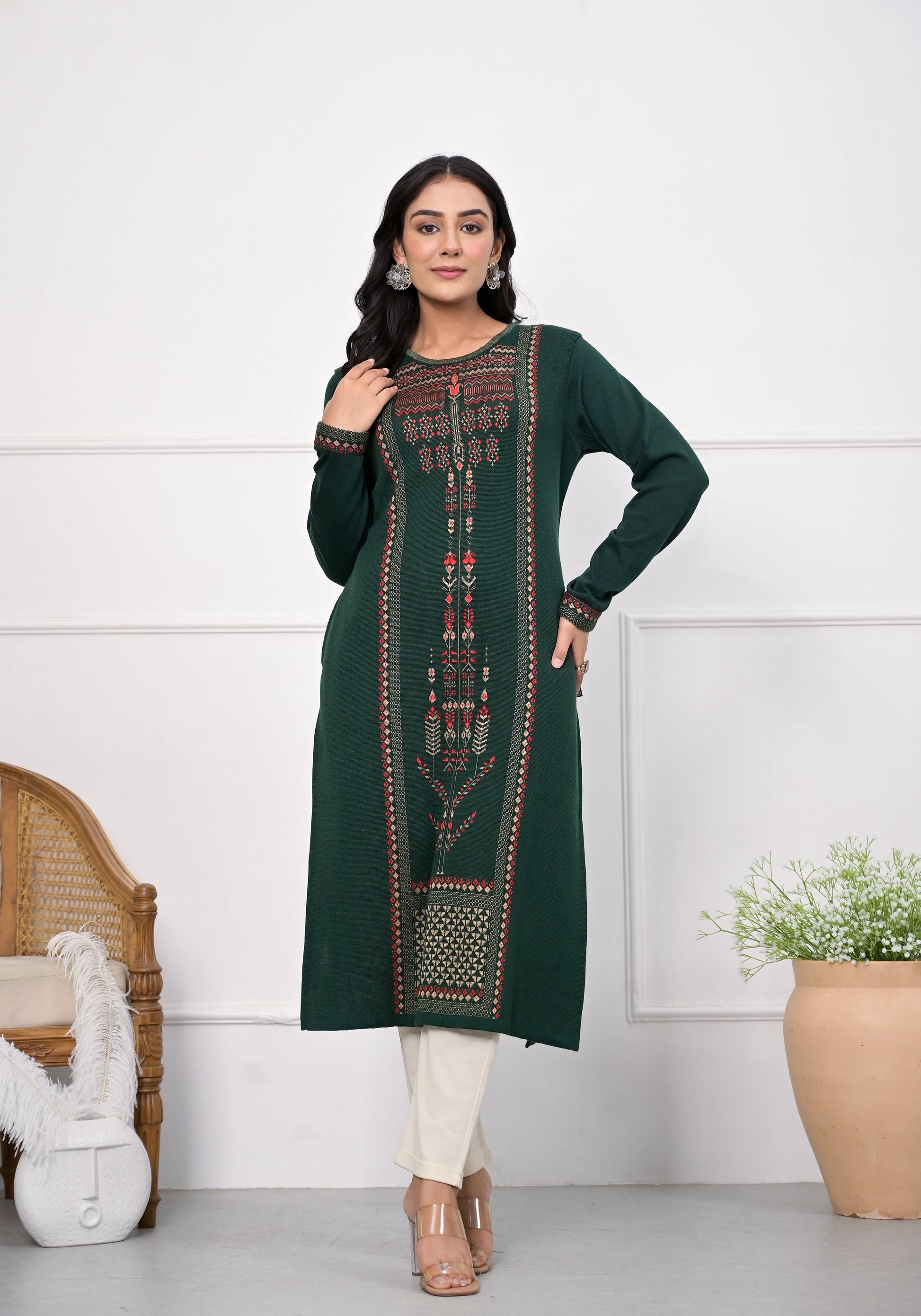 Juniper Bottle Green Ethnic Motif Printed Cotton Kurta