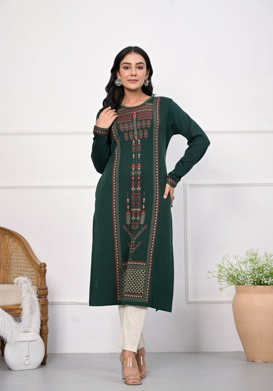 Juniper Bottle Green Ethnic Motif Printed Cotton Kurta