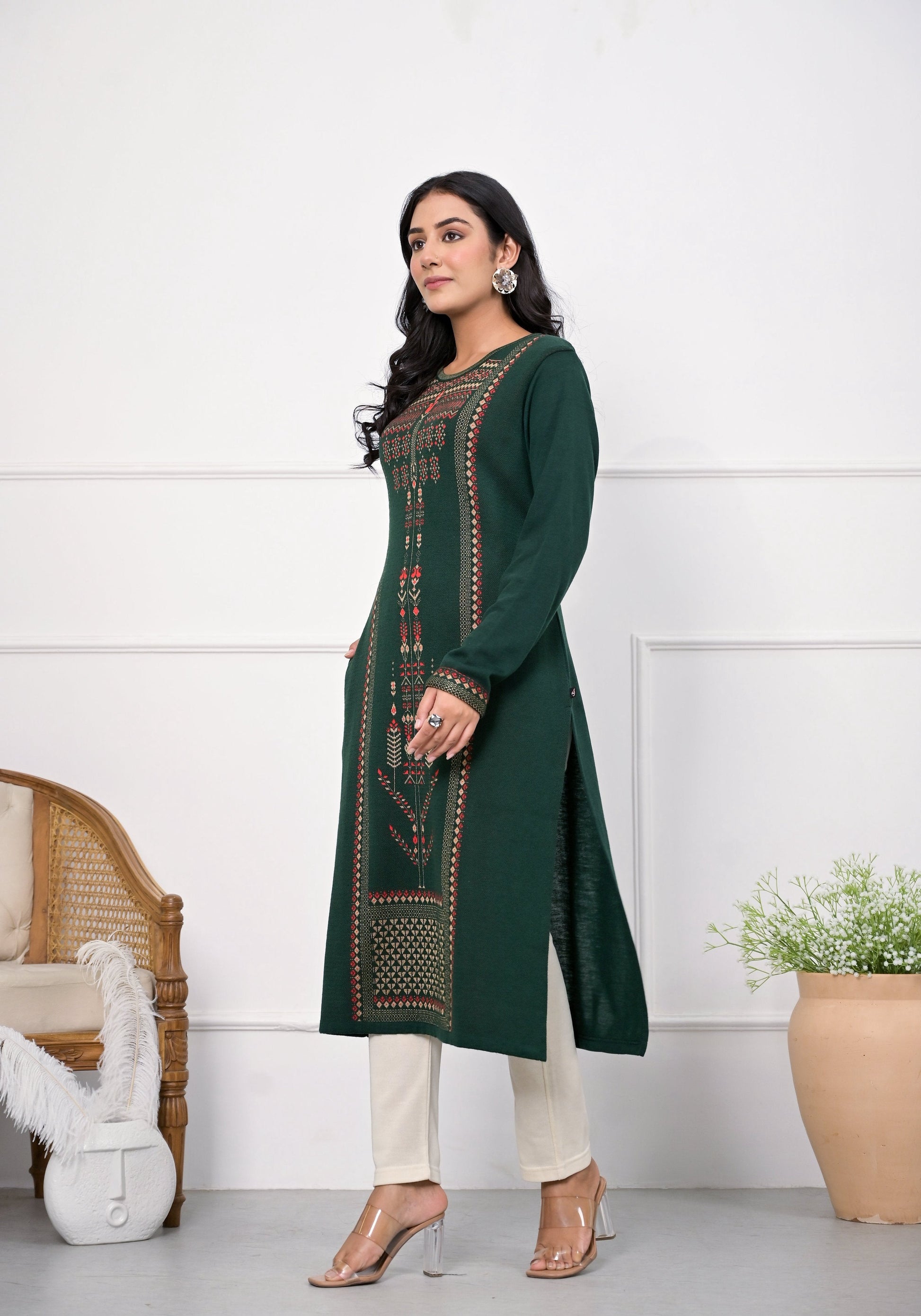 Juniper Bottle Green Ethnic Motif Printed Cotton Kurta