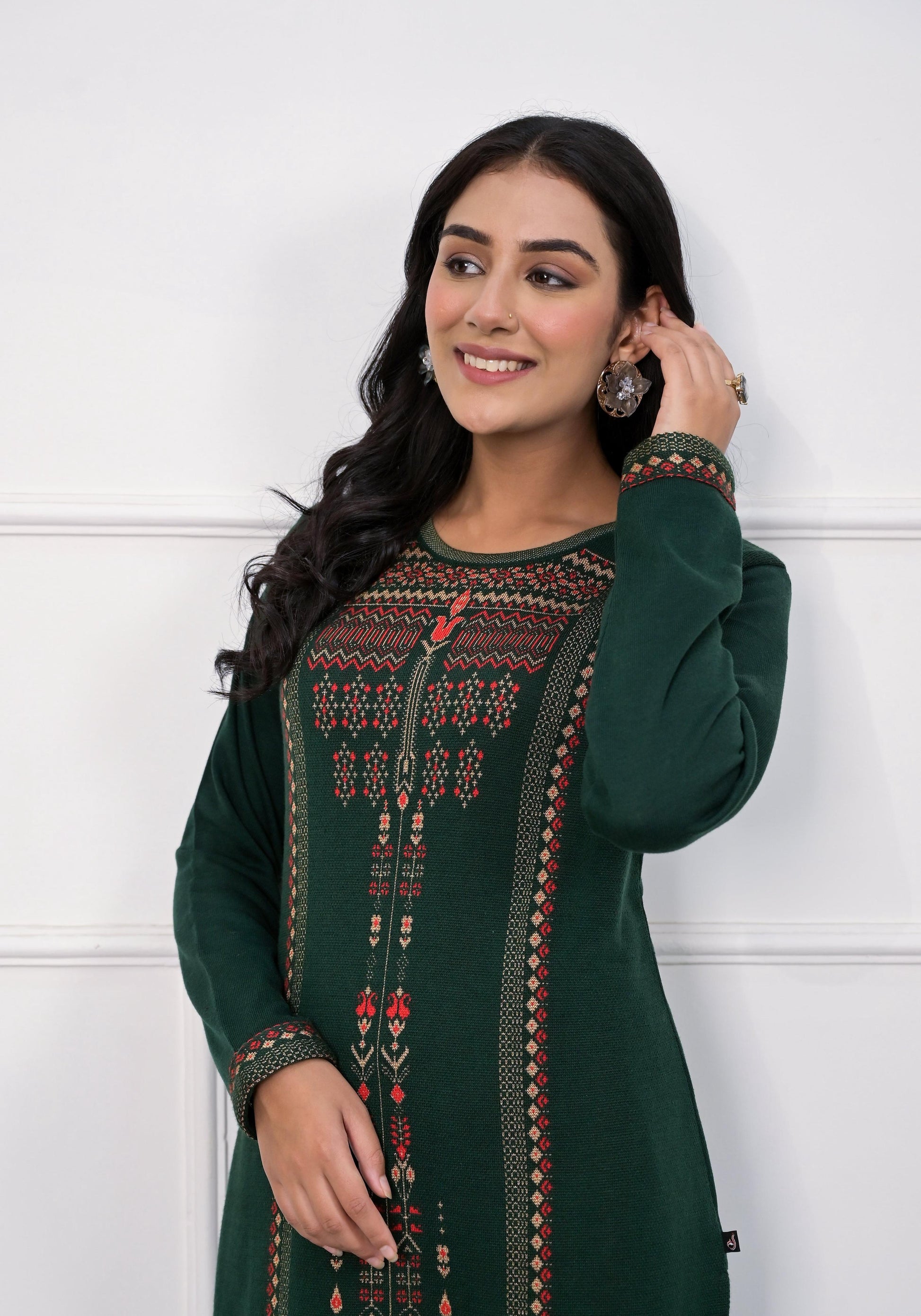 Juniper Bottle Green Ethnic Motif Printed Cotton Kurta