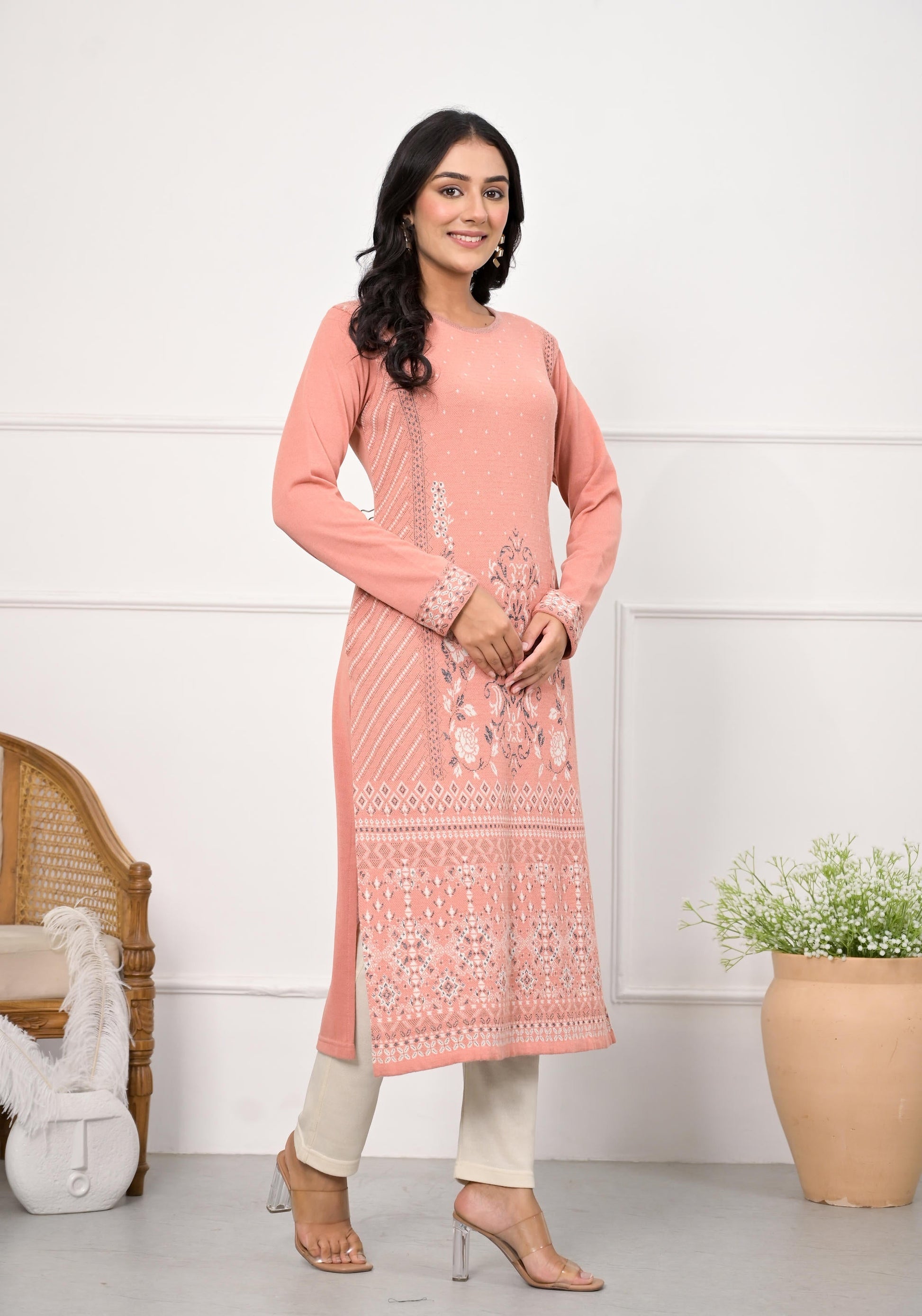 Juniper Women's Peach Ethnic Motif Printed Cotton Winter Wear Kurta