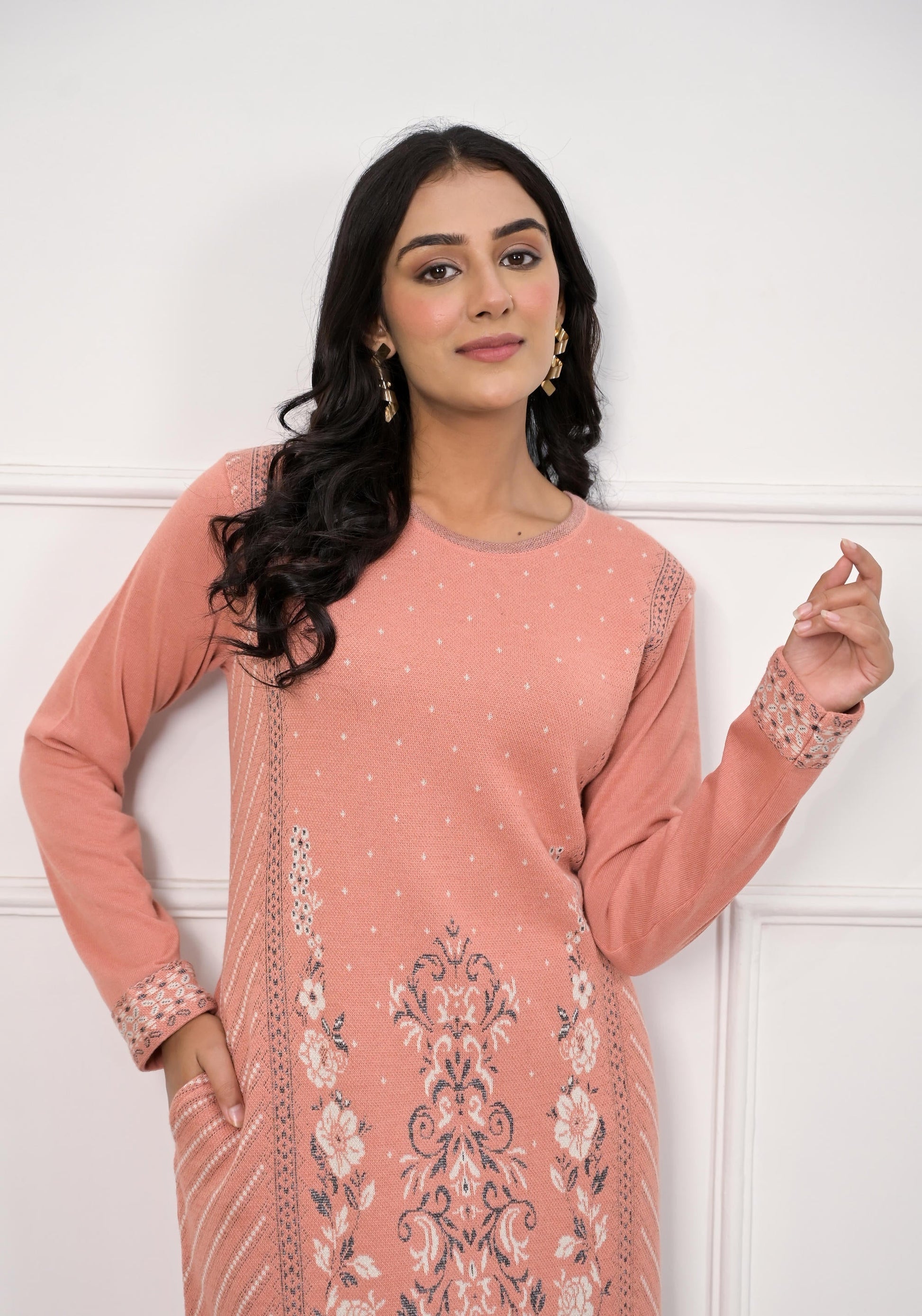 Juniper Women's Peach Ethnic Motif Printed Cotton Winter Wear Kurta