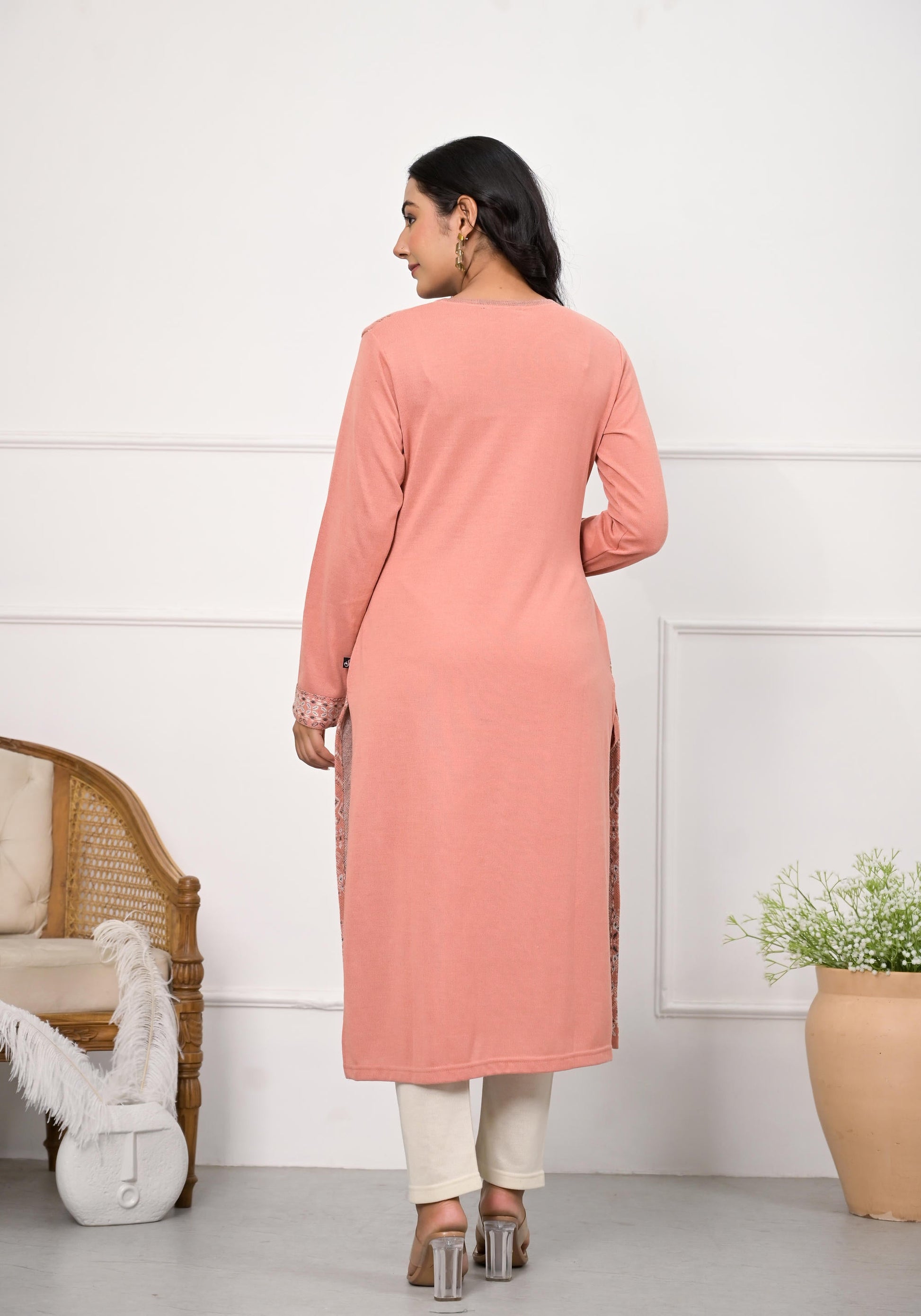 Juniper Women's Peach Ethnic Motif Printed Cotton Winter Wear Kurta