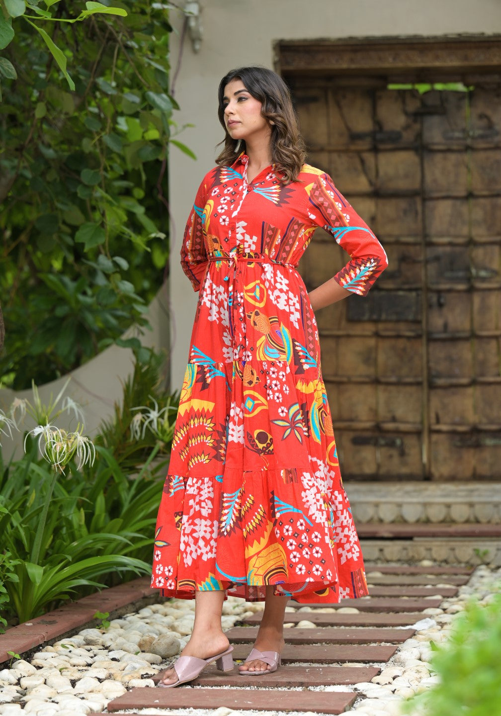 Juniper Women's Red Geometric Printed Cambric Dress With Buttons & Doris On Waist