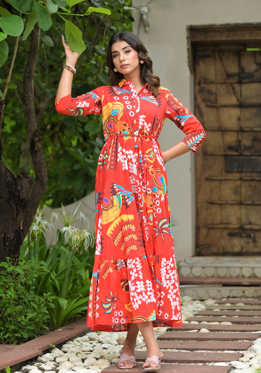 Juniper Women's Red Geometric Printed Cambric Dress With Buttons & Doris On Waist