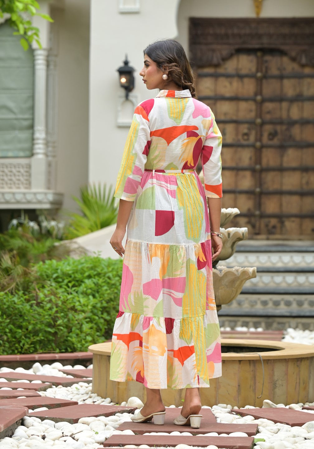 Juniper Women's Off White Geometric Printed Cambric Dress With Buttons & Doris On Waist