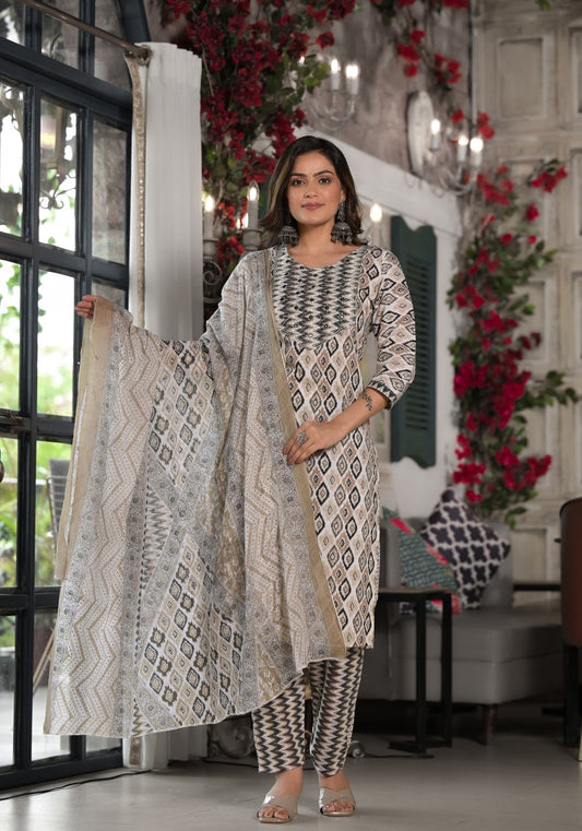 Juniper Women's Black Ikat Printed Cotton Kurta, Pant And Dupatta Set With Mirror & Thread Work