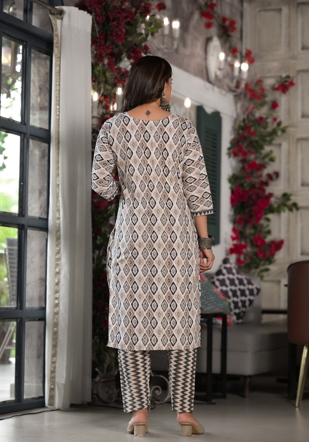 Juniper Women's Black Ikat Printed Cotton Kurta, Pant And Dupatta Set With Mirror & Thread Work