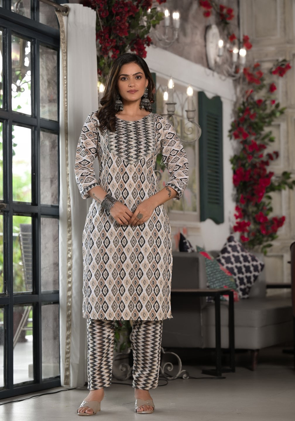 Juniper Women's Black Ikat Printed Cotton Kurta, Pant And Dupatta Set With Mirror & Thread Work