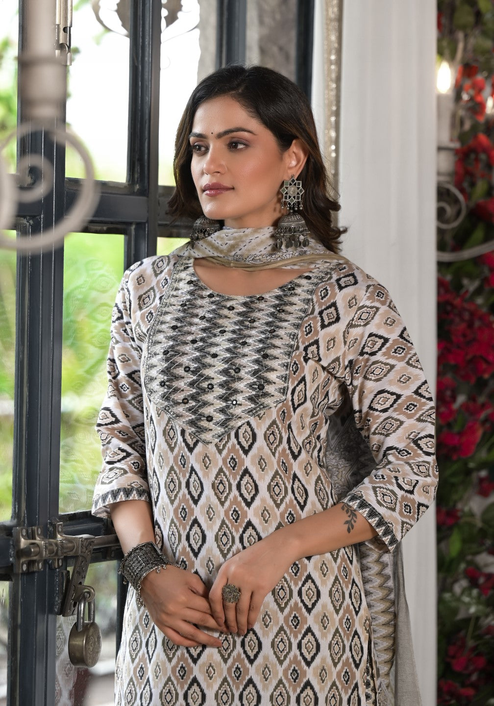 Juniper Women's Black Ikat Printed Cotton Kurta, Pant And Dupatta Set With Mirror & Thread Work