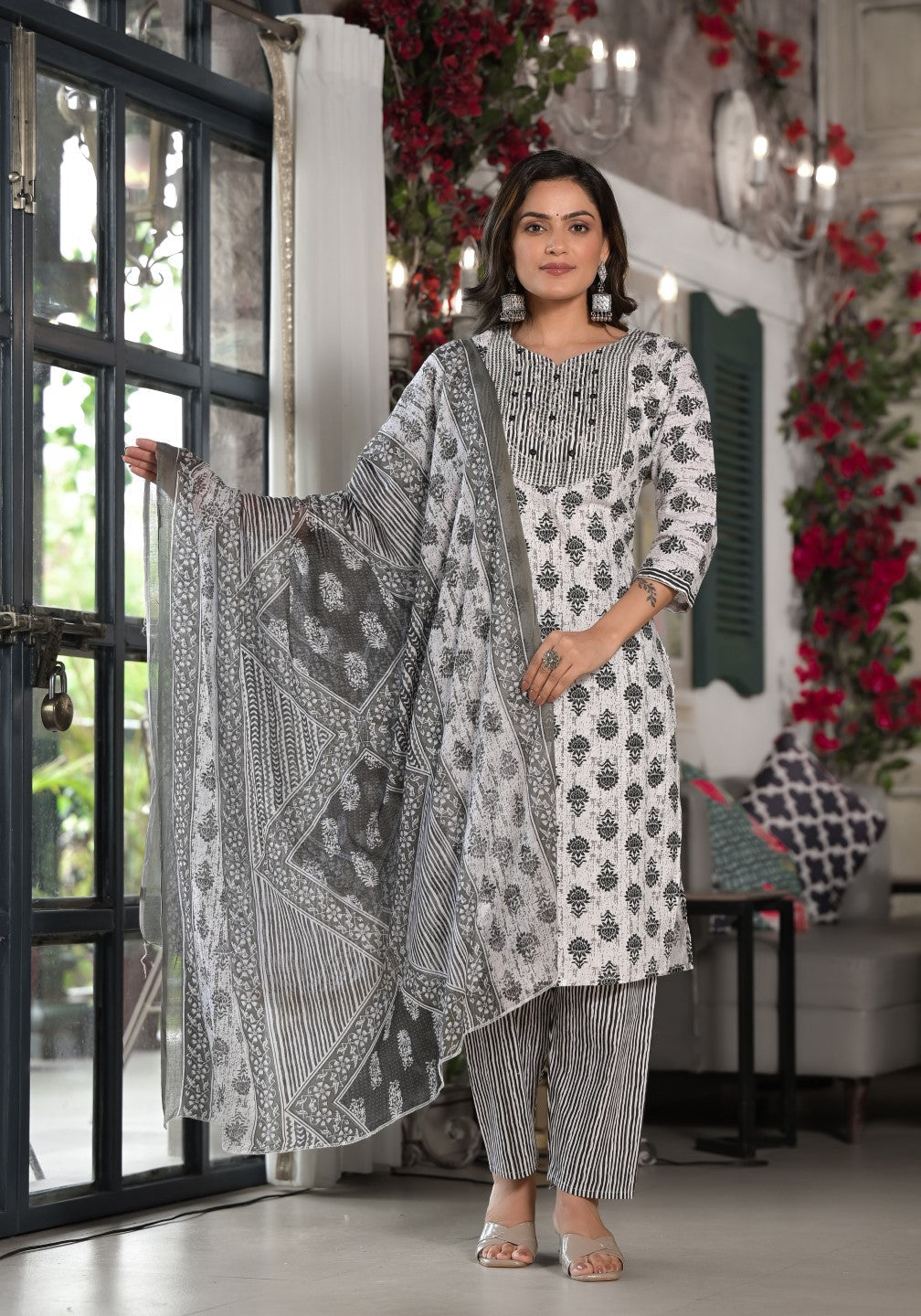Juniper Women's Black Ethnic Motif Printed Cotton Kurta, Pant And Dupatta Set With Mirror & Thread Work 