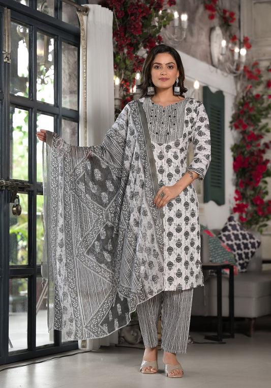 Juniper Women's Black Ethnic Motif Printed Cotton Kurta, Pant And Dupatta Set With Mirror & Thread Work 