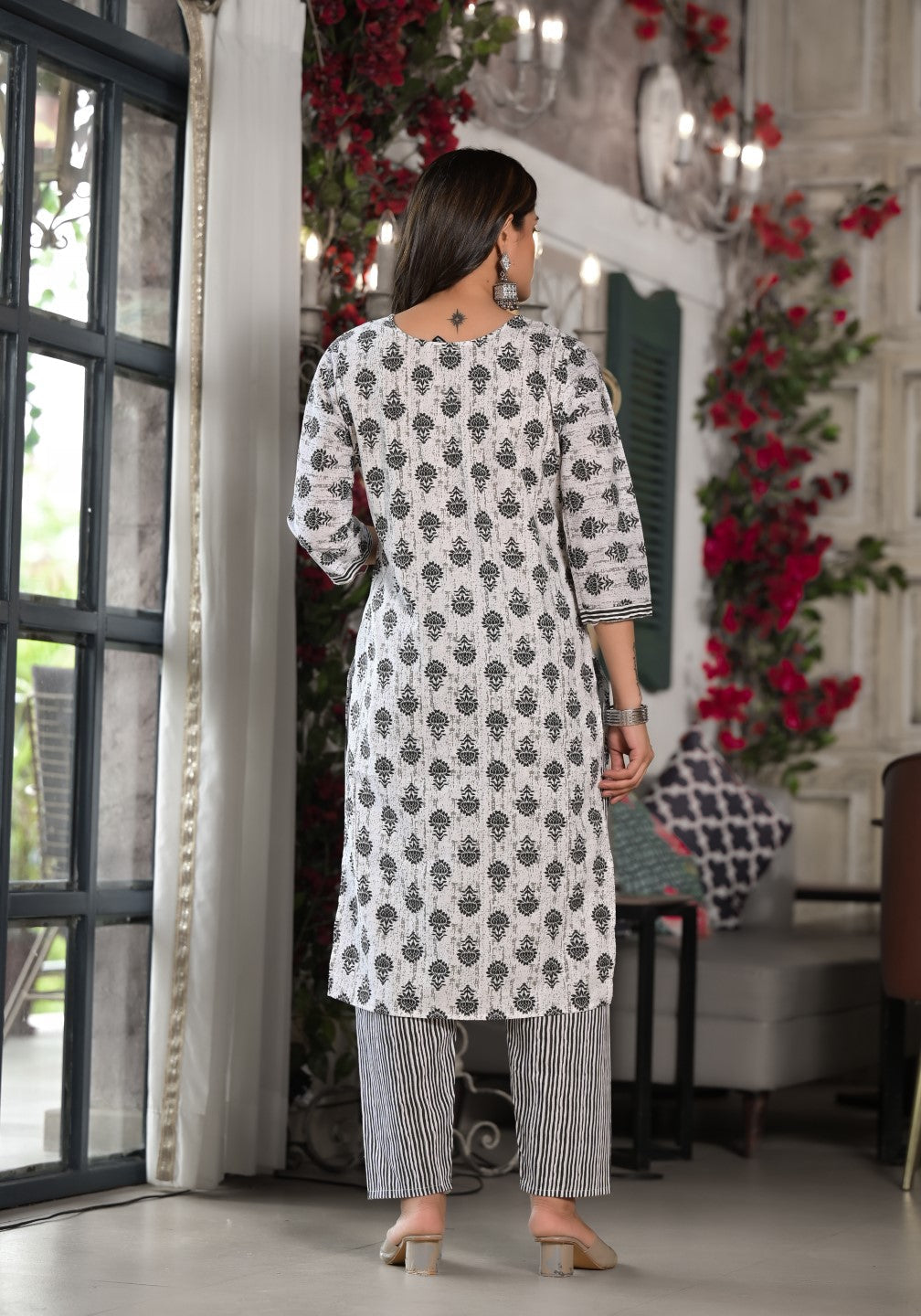 Juniper Women's Black Ethnic Motif Printed Cotton Kurta, Pant And Dupatta Set With Mirror & Thread Work 