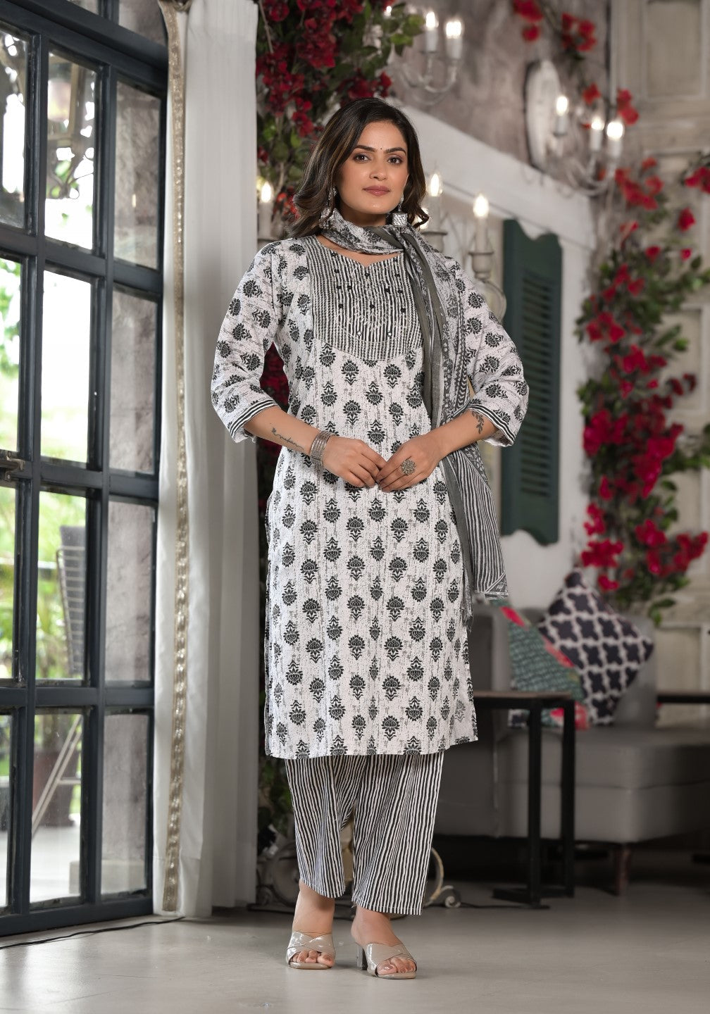 Juniper Women's Black Ethnic Motif Printed Cotton Kurta, Pant And Dupatta Set With Mirror & Thread Work 