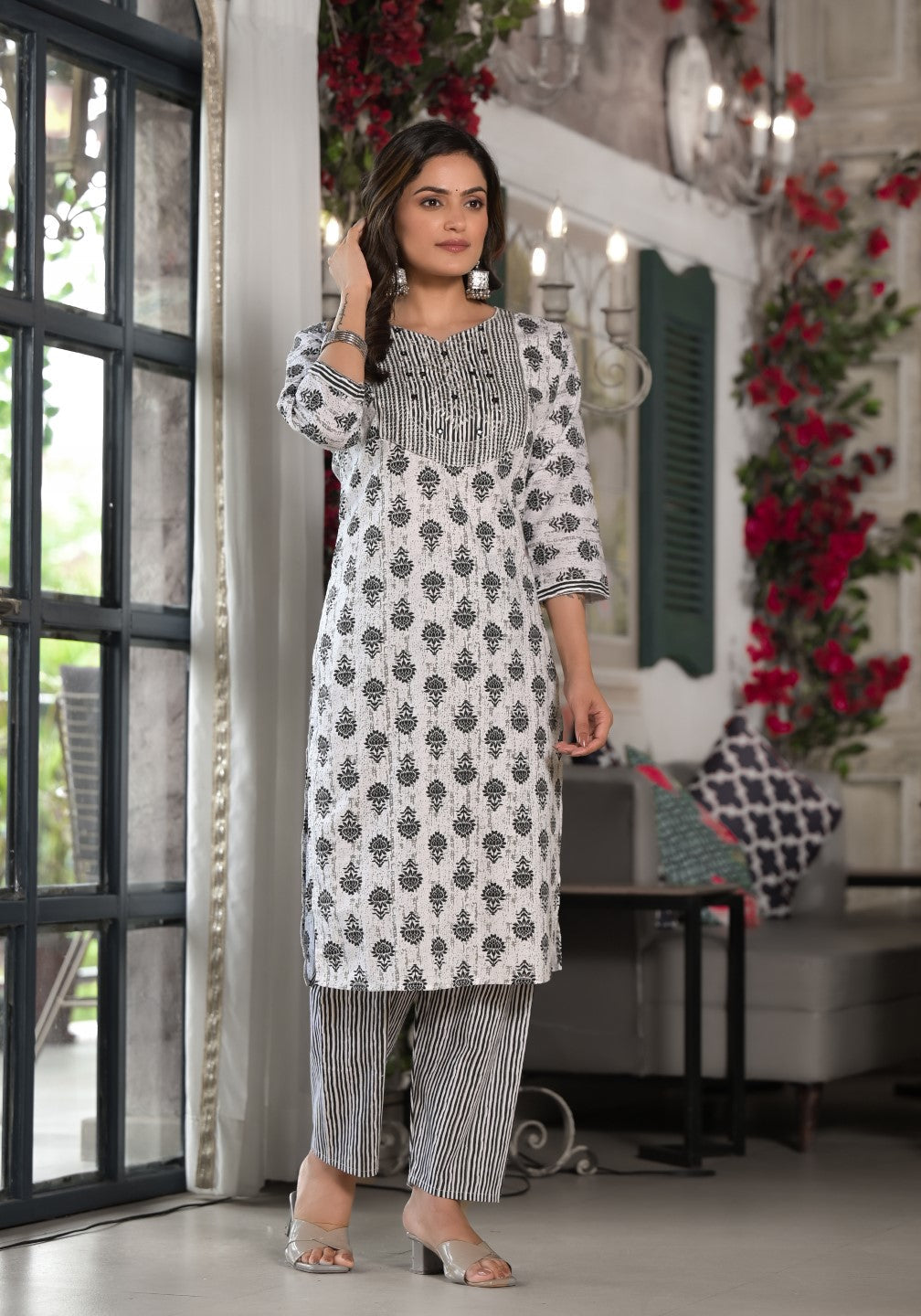 Juniper Women's Black Ethnic Motif Printed Cotton Kurta, Pant And Dupatta Set With Mirror & Thread Work 