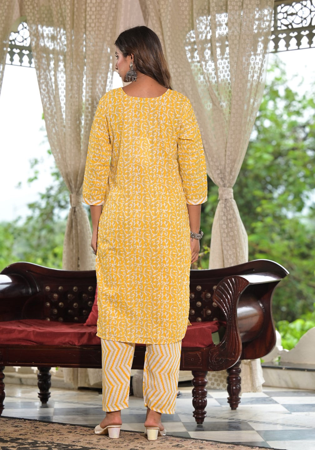 Juniper Women's Mustard Ethnic Motif Printed Cotton Kurta, Pant And Dupatta Set With Lace & Buttons