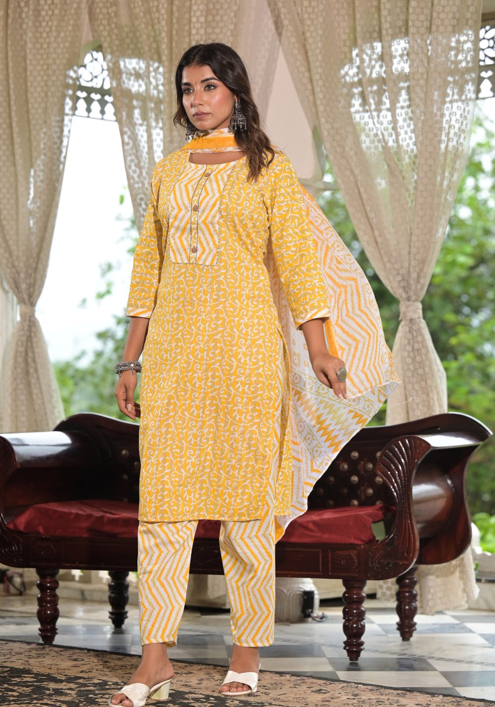 Juniper Women's Mustard Ethnic Motif Printed Cotton Kurta, Pant And Dupatta Set With Lace & Buttons
