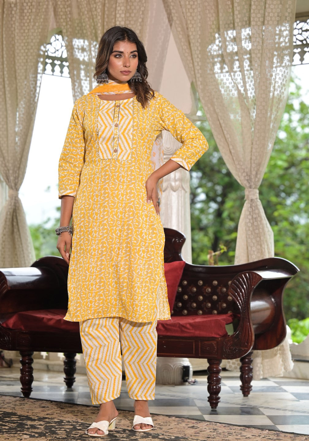 Juniper Women's Mustard Ethnic Motif Printed Cotton Kurta, Pant And Dupatta Set With Lace & Buttons