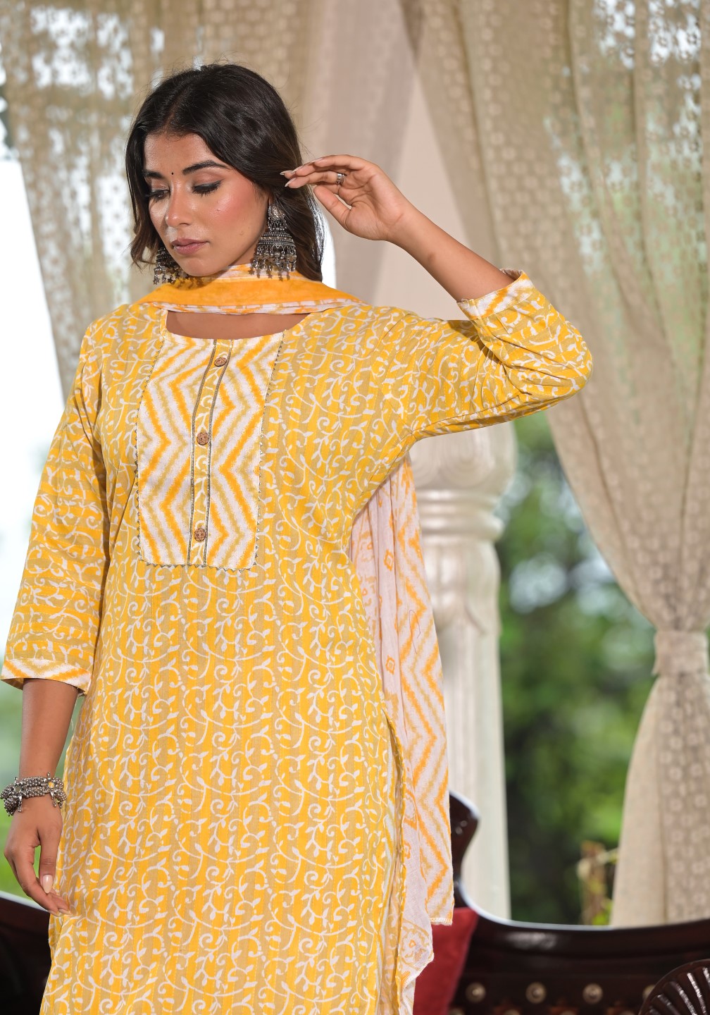 Juniper Women's Mustard Ethnic Motif Printed Cotton Kurta, Pant And Dupatta Set With Lace & Buttons