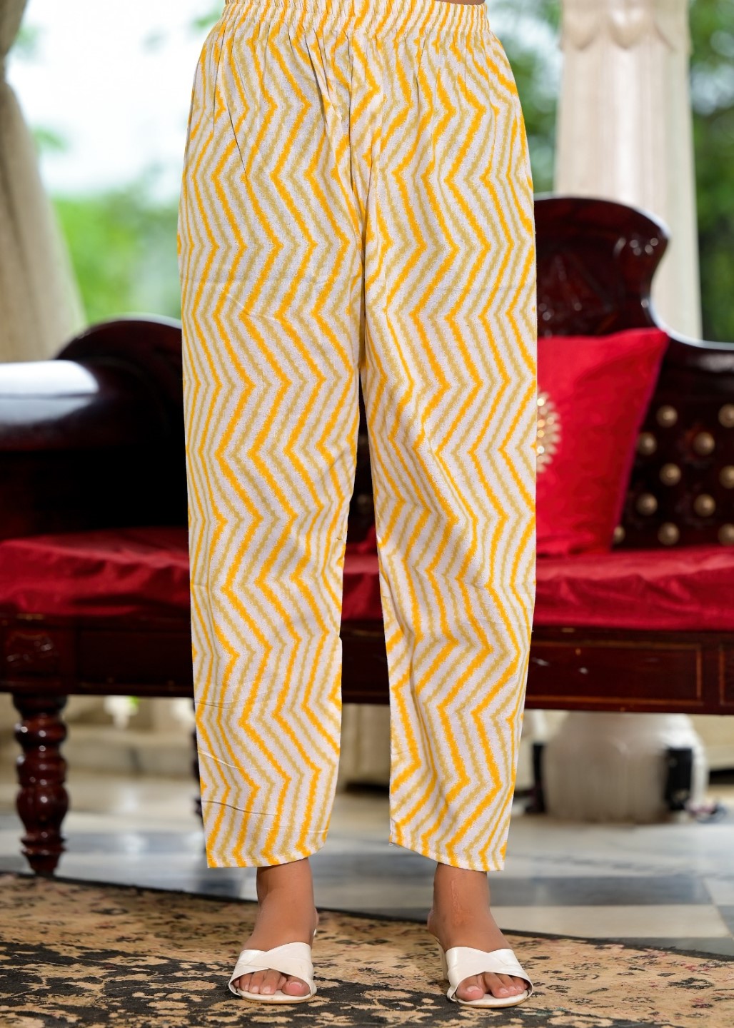 Juniper Women's Mustard Ethnic Motif Printed Cotton Kurta, Pant And Dupatta Set With Lace & Buttons