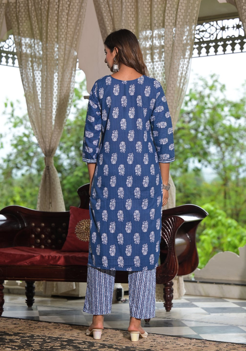 Juniper Women's Navy Ethnic Motif Printed Cotton Kurta, Pant And Dupatta Set With Lace