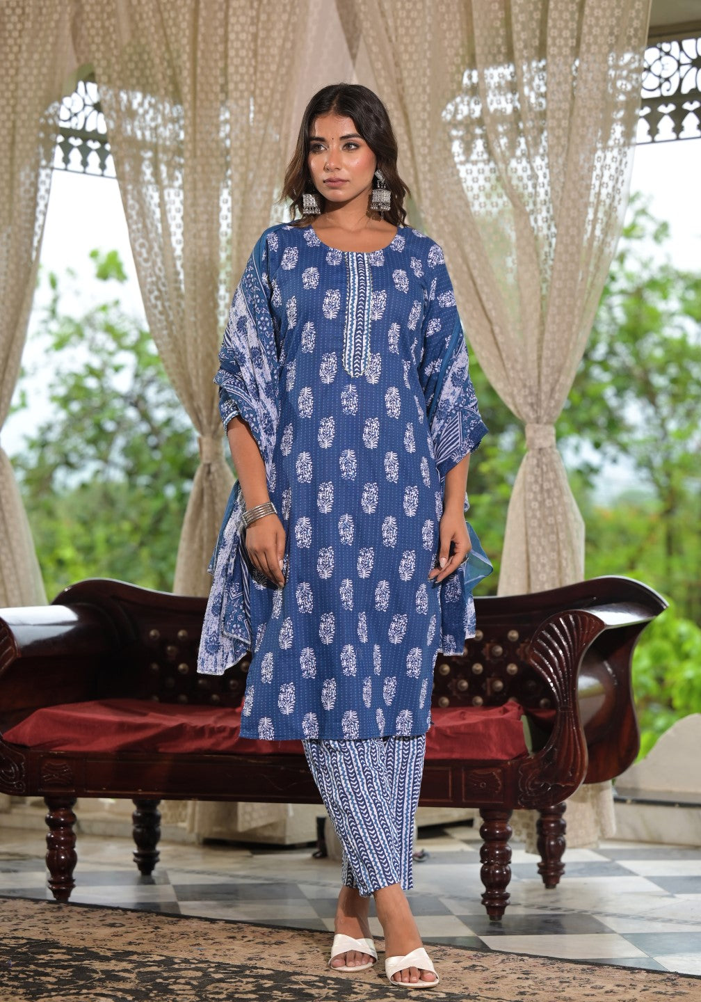 Juniper Women's Navy Ethnic Motif Printed Cotton Kurta, Pant And Dupatta Set With Lace