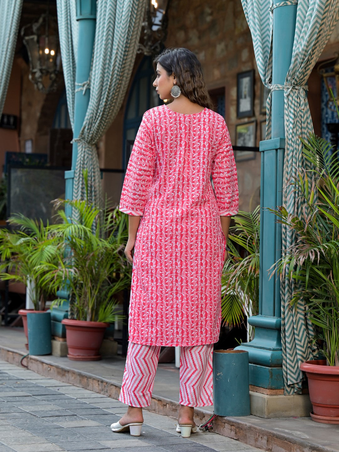 Juniper Women's Pink Ethnic Motif Printed Cotton Kurta, Pant And Dupatta Set With Mirror & Thread Work