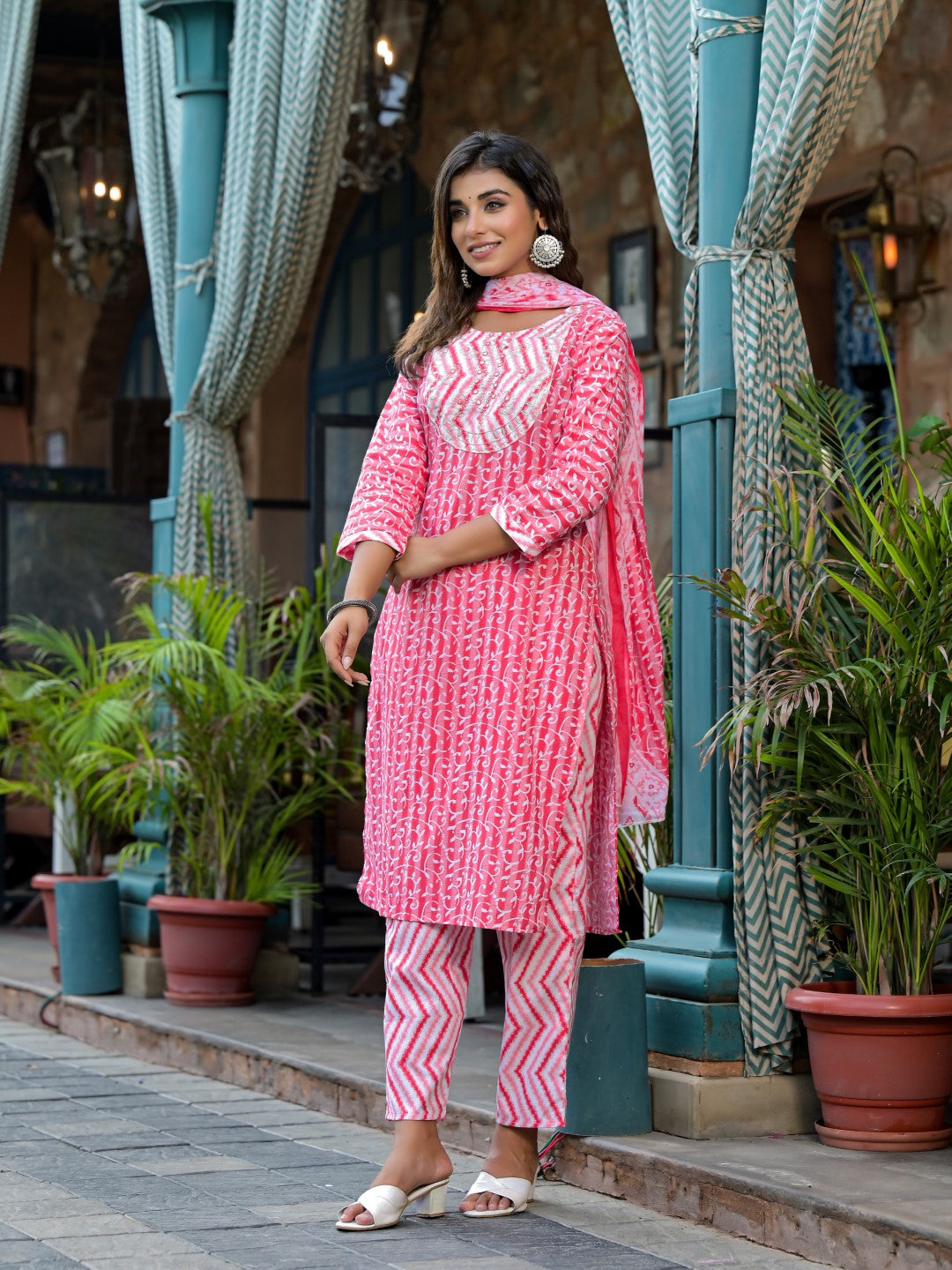 Juniper Women's Pink Ethnic Motif Printed Cotton Kurta, Pant And Dupatta Set With Mirror & Thread Work