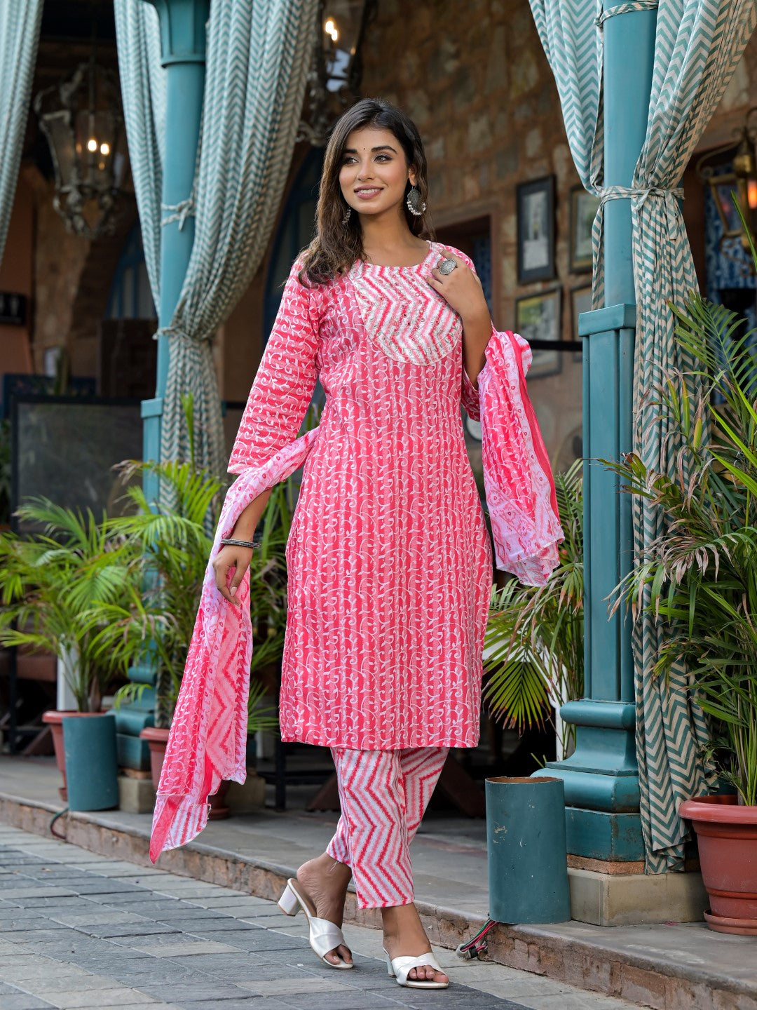 Juniper Women's Pink Ethnic Motif Printed Cotton Kurta, Pant And Dupatta Set With Mirror & Thread Work