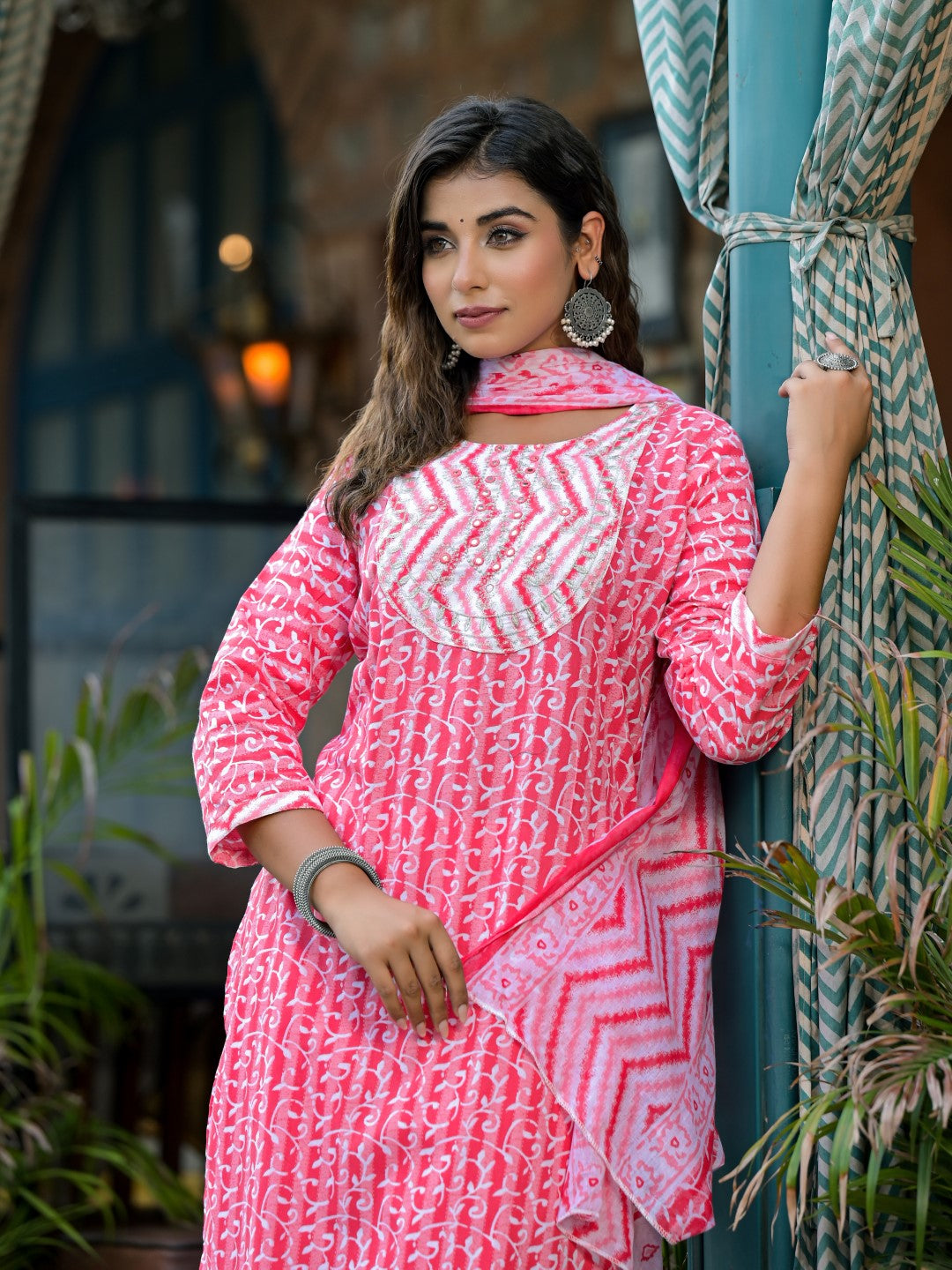 Juniper Women's Pink Ethnic Motif Printed Cotton Kurta, Pant And Dupatta Set With Mirror & Thread Work
