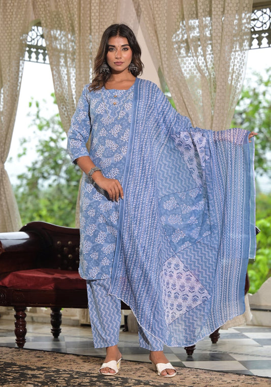 Juniper Women's Sky Blue Ethnic Motif Printed Cotton Kurta, Pant And Dupatta Set With Buttons & Lace 