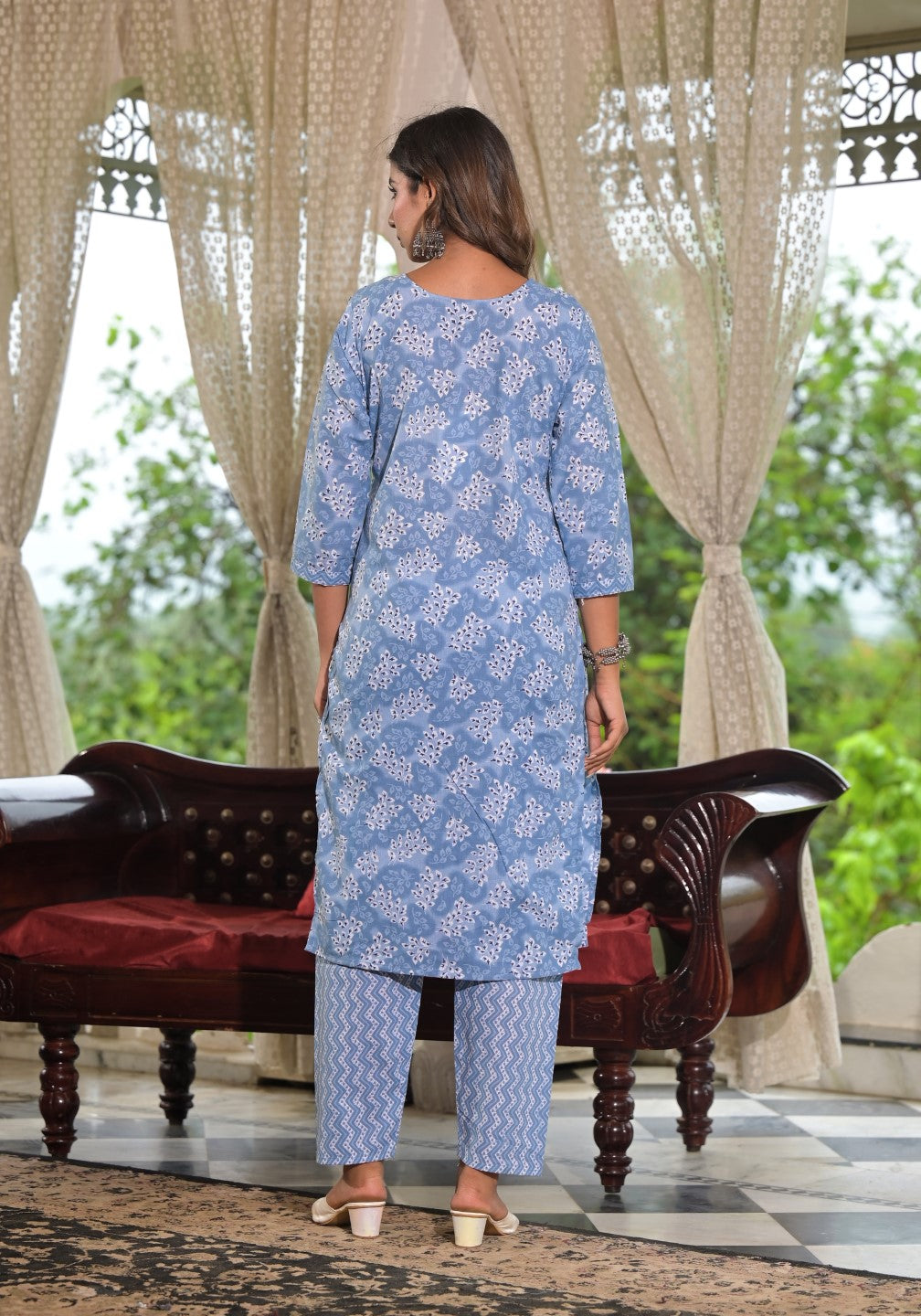 Juniper Women's Sky Blue Ethnic Motif Printed Cotton Kurta, Pant And Dupatta Set With Buttons & Lace 